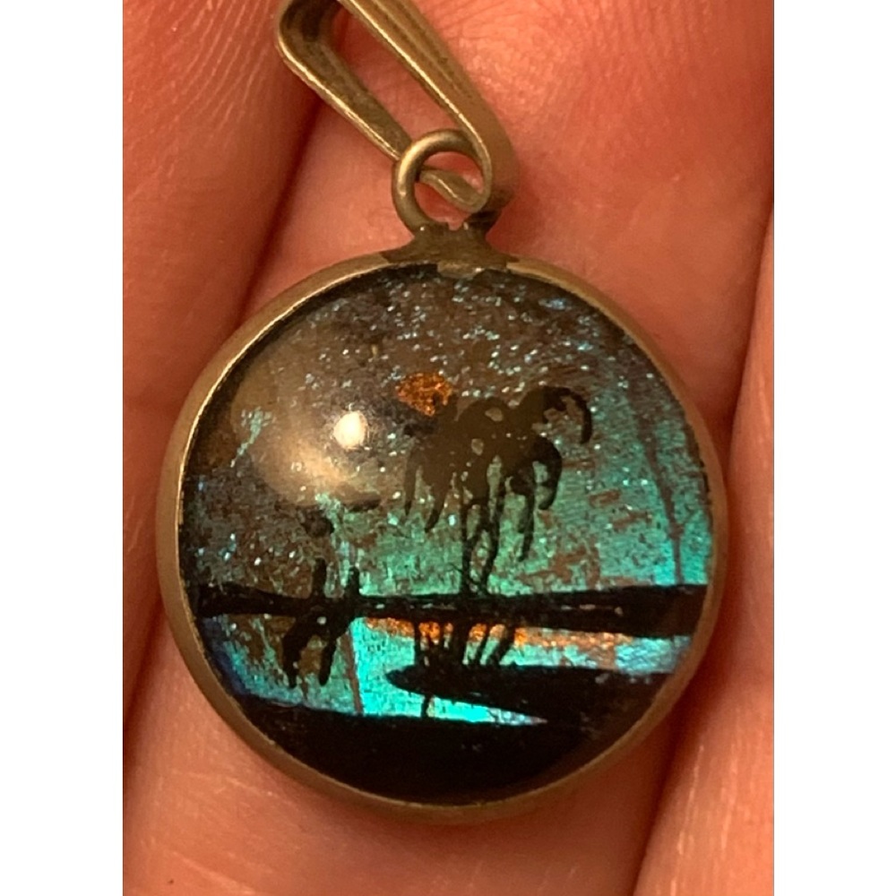 Blue Morpho Butterfly Wing Tropical sunset pendant